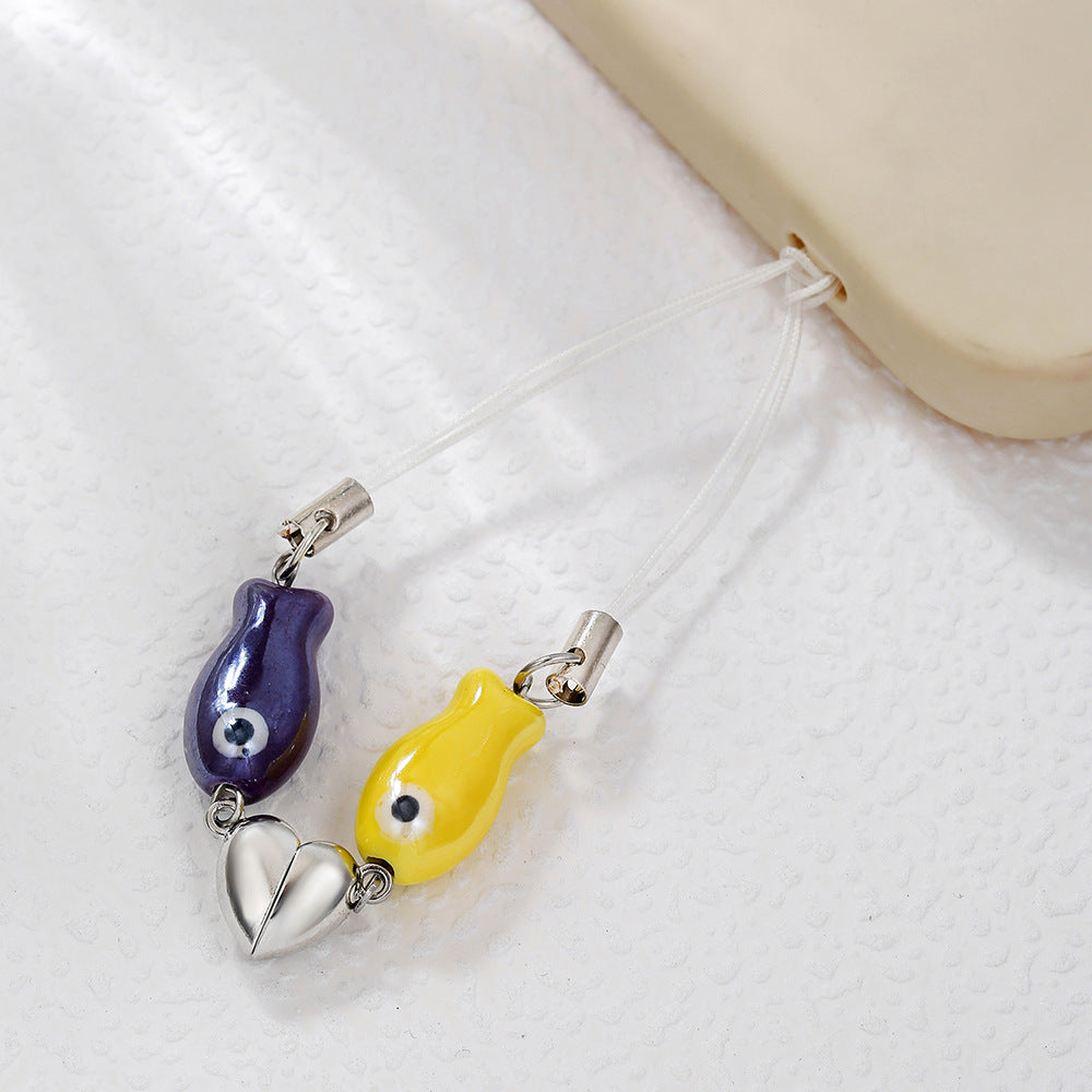 Sweet Minimalist Ceramic Fish Marine Life Metal Charm Keychain Phone Strap