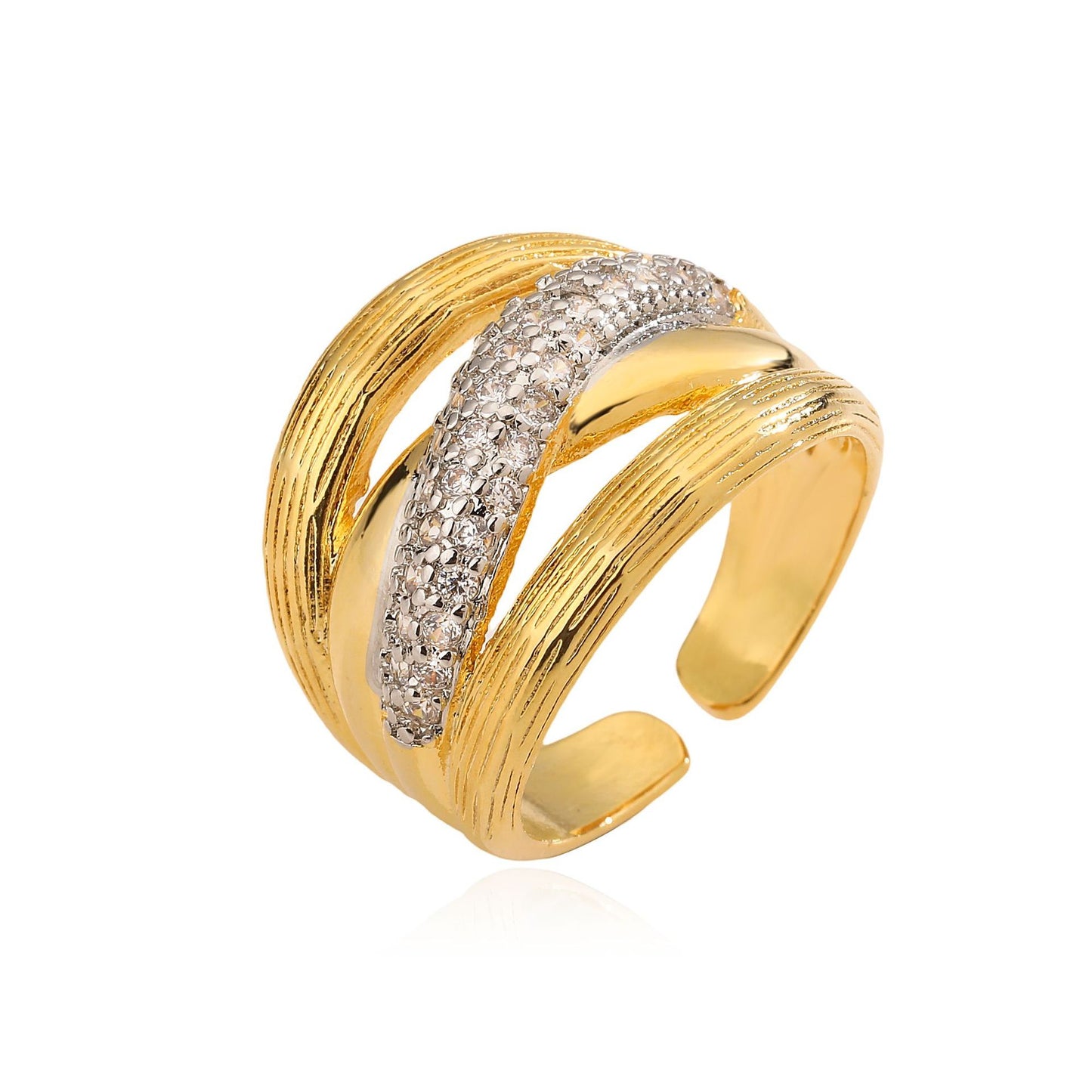 Two-Tone Plated Geometric Open Ring with Cubic Zirconia for Women