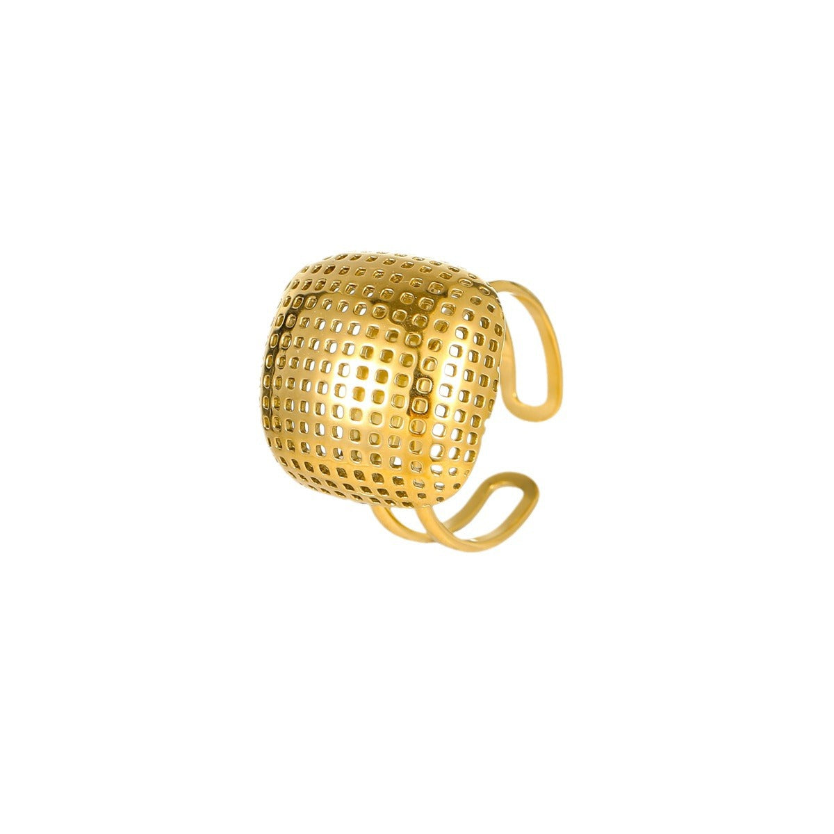 Anillo Abierto Minimalista de Lujo de Acero de Titanio con Textura Cuadrada de Rejilla Hueca para Mujer