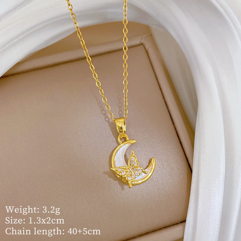 Sweet Minimalist Animal Shape Micro-Inlaid Cubic Zirconia Brass Pendant Titanium Steel Necklace for Unisex