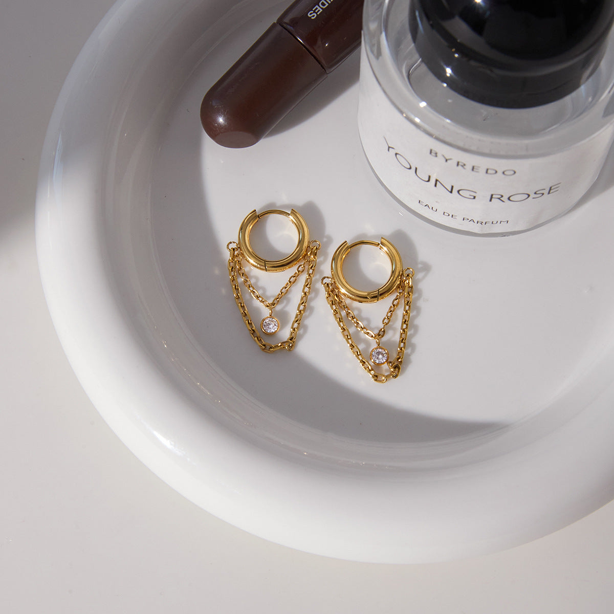 Pendientes de aro con borla de circonita cúbica, chapados en acero inoxidable, geométricos redondos y elegantes para mujer