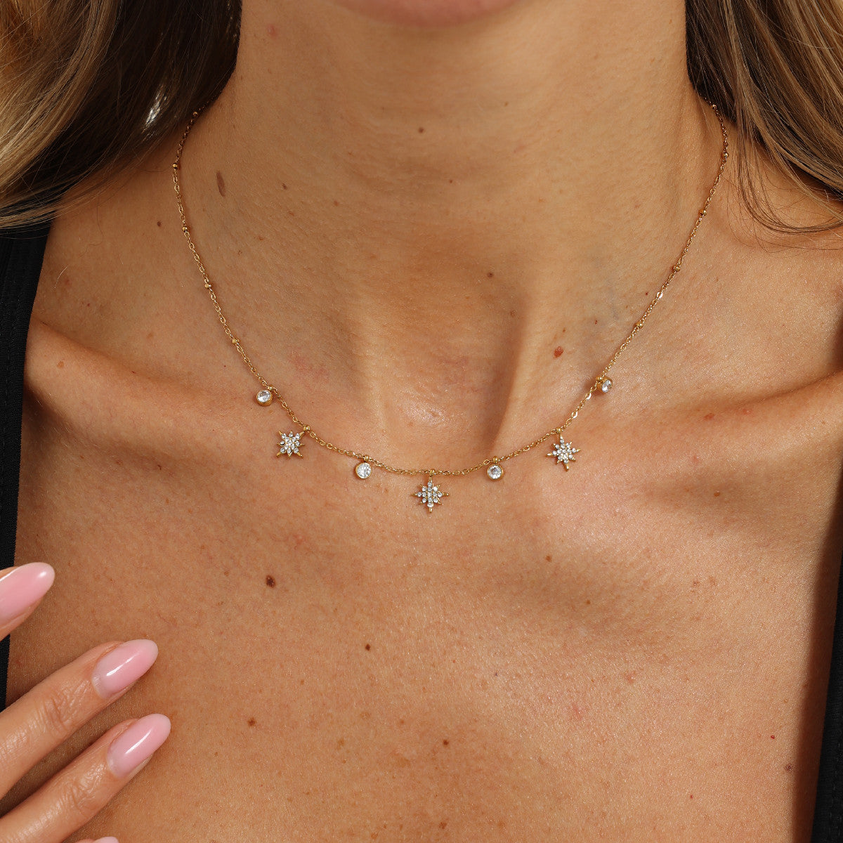 Sweet 18K Gold Plated Stainless Steel Star Cubic Zirconia Pendant Necklace for Women