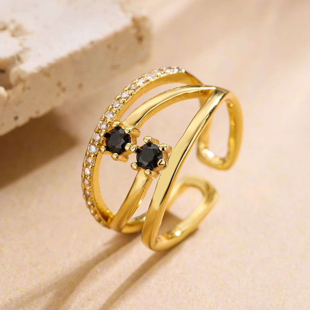Minimalist Geometric Hollow-Out Zirconia-Set Copper Ring for Women with Irregular Design and Premium Finish