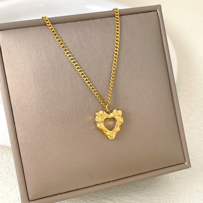 Abstract Heart Pendant Necklace for Women in Titanium Steel with Gold Plating, Minimalist Geometric Design, French Vintage Style, Sweater Chain
