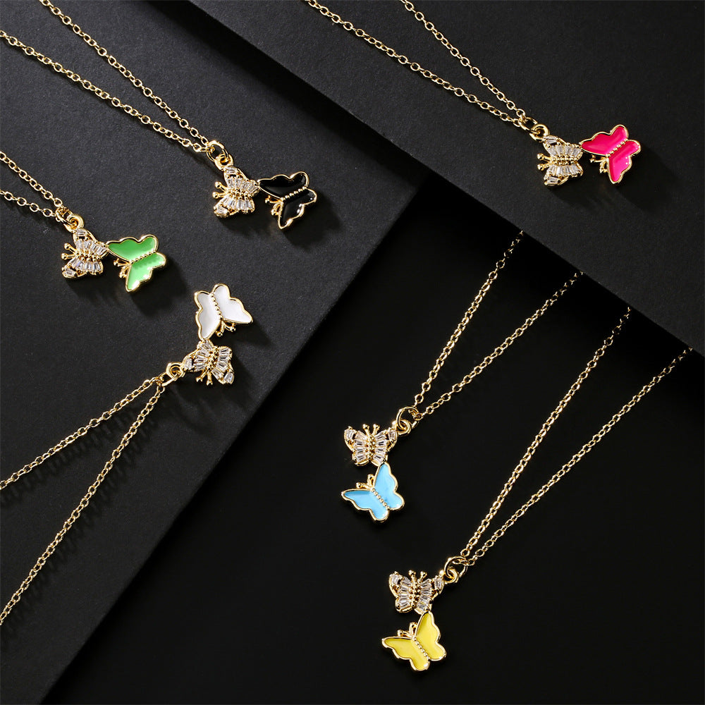 Gold Plated Brass Geometric Butterfly Pendant Necklace with Cubic Zirconia Inlay for Women