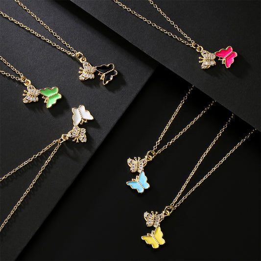 Gold Plated Brass Geometric Butterfly Pendant Necklace with Cubic Zirconia Inlay for Women