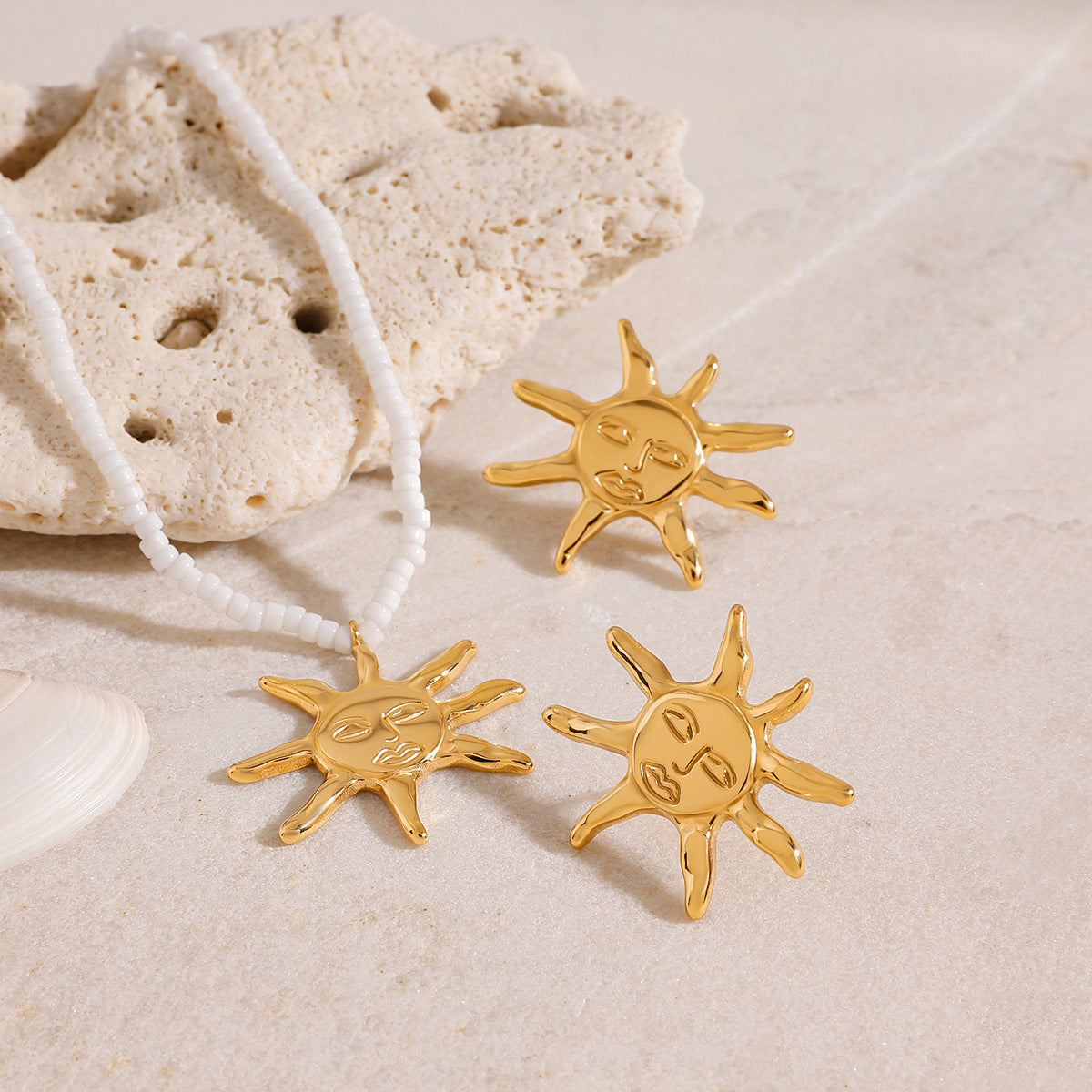 Minimalist 18K Gold Plated Titanium Steel Star Moon Pendant Necklace and Earring Set with Ball Chain for Women