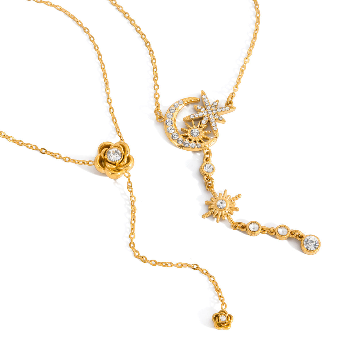 18K Gold Plated Stainless Steel Geometric Rose Y-Chain Necklace for Women
