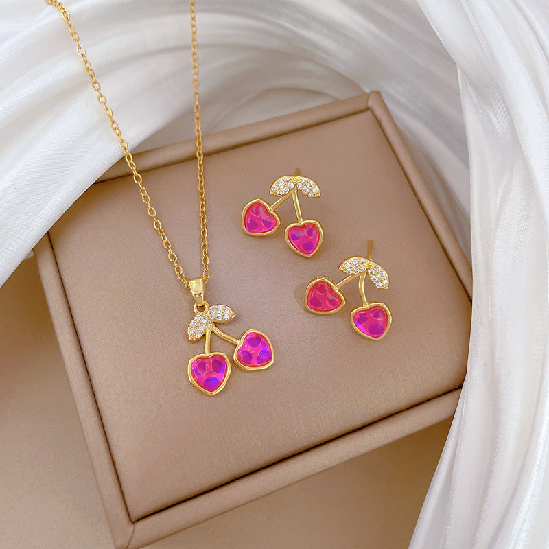Luxury Fresh and Sweet Plated Brass Zircon Micro-Pave Earrings and Necklace Set
