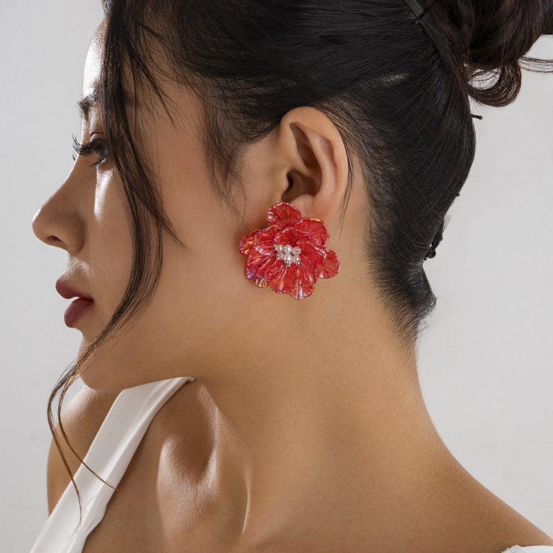 Sweet Iridescent Floral Resin Earrings with Pearl Inlay for Women
