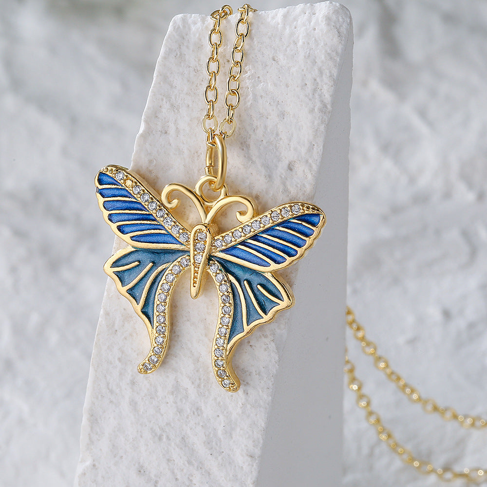 Minimalist Butterfly Pendant Necklace for Women Made of Brass with 18K Gold Plating and Enamel Finish Featuring Cubic Zirconia Inlay