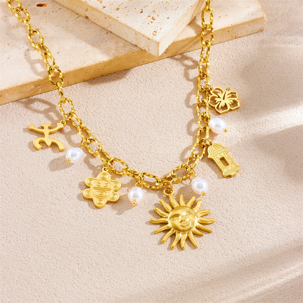Chic Gold Plated Stainless Steel Sun Flower Geometric Pearl Pendant Necklace Cable Chain for Women