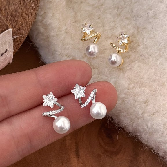 Elegantes pendientes de perlas geométricas en forma de estrella con incrustaciones de circonitas para mujer, uso diario, oficina, joyería de lujo chic