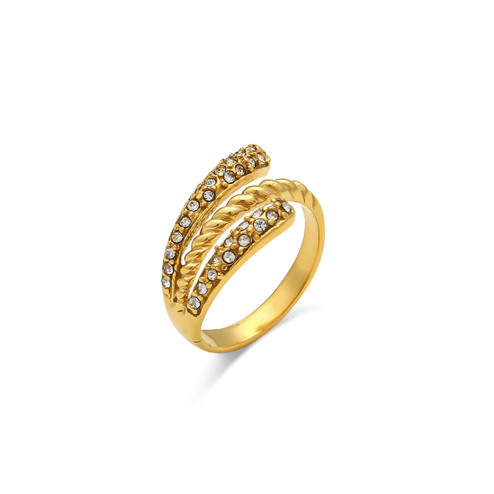 Anello geometrico minimalista alla moda in acciaio inossidabile placcato oro 18K con piuma accentuata da strass a quattro livelli
