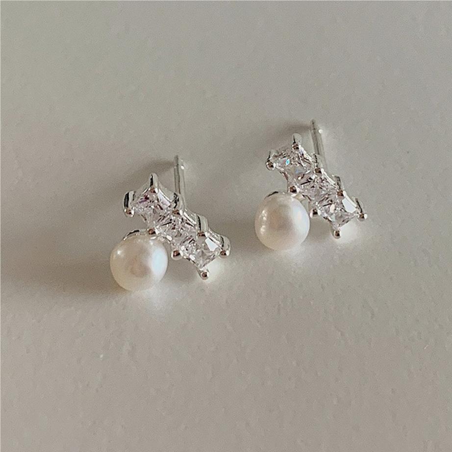 Minimalist Geometric Letter Shape 925 Sterling Silver Zircon and Pearl Stud Earrings for Women