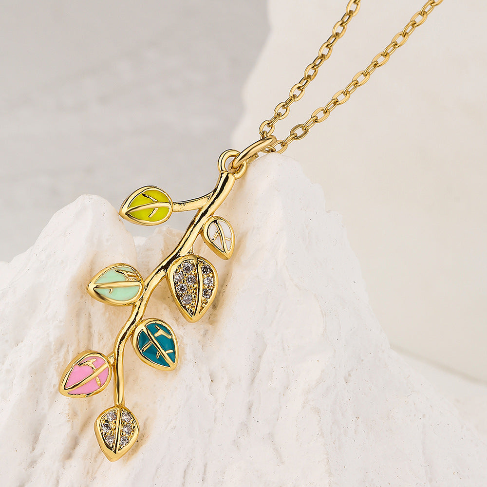Elegant Enamel Zircon Leaf Pendant Necklace for Women in Copper with Real Gold Plating