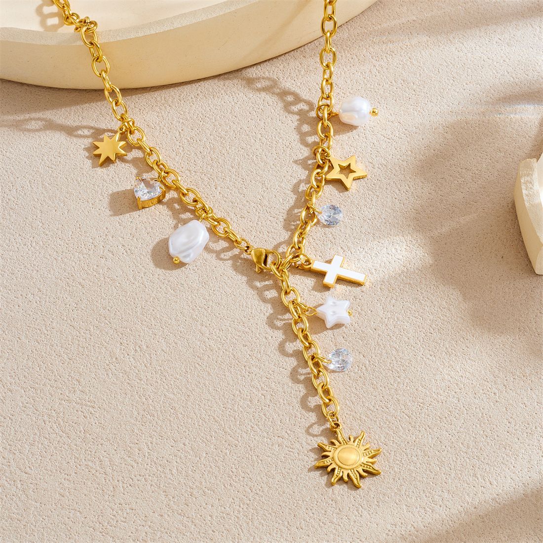 Casual Gold Plated Stainless Steel Star Cross Butterfly Pendant Necklace with Tassel Y-Chain