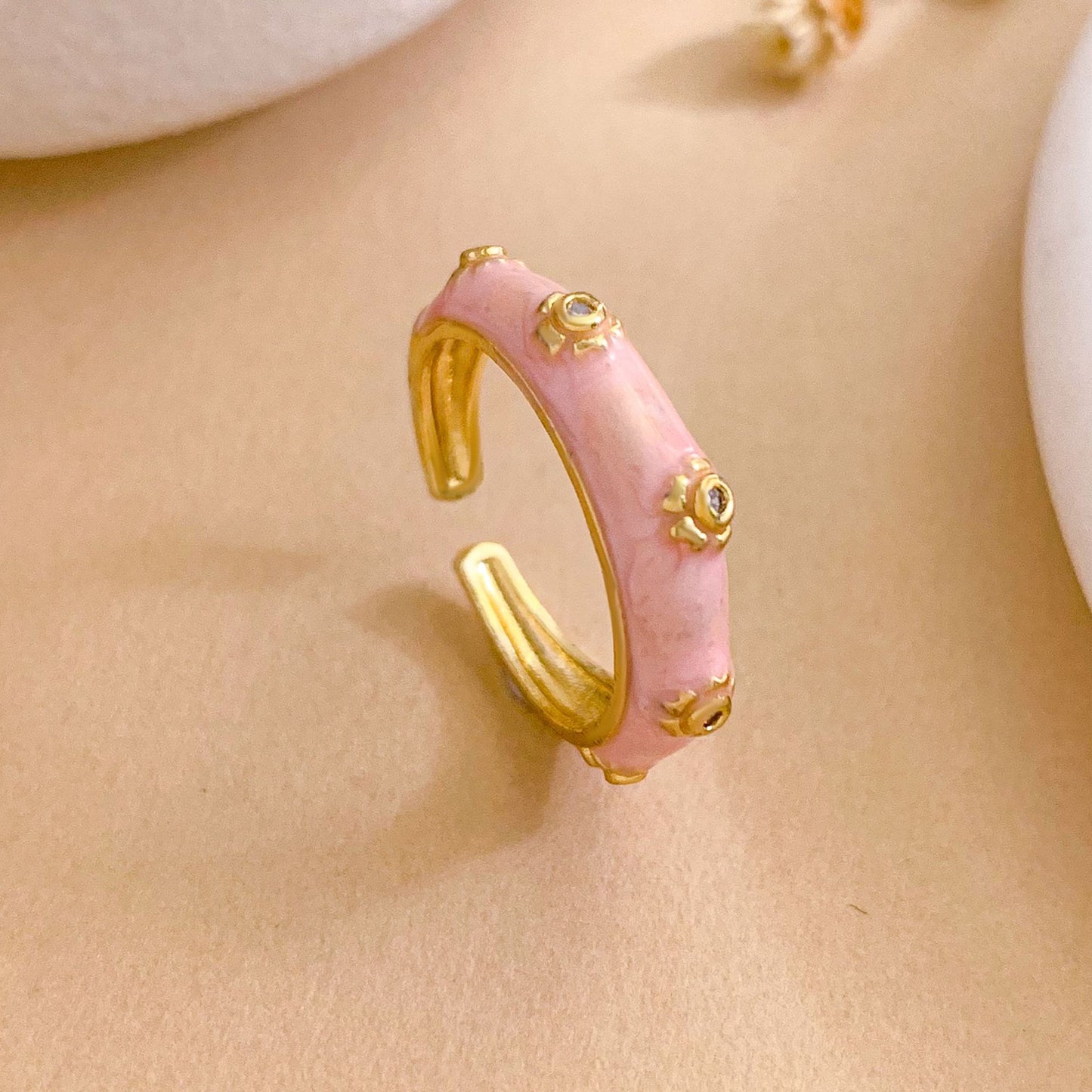 Vintage Sweet Floral Enamel Gold Plated Brass Open Ring for Women