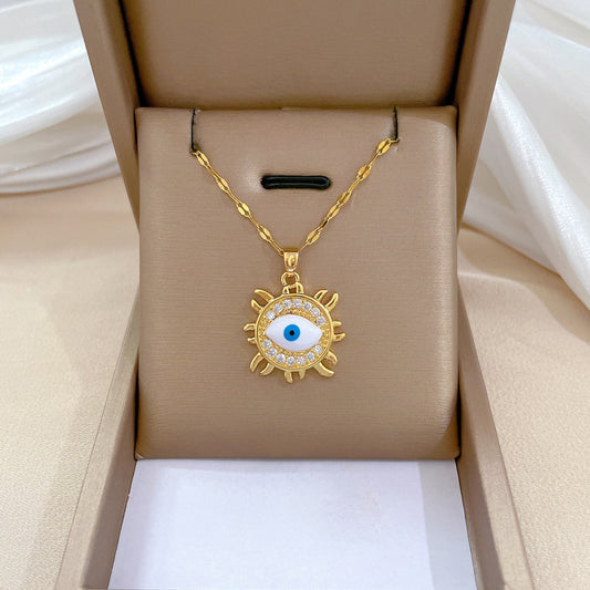 Collana con ciondolo a forma di occhio di Hamsa geometrico minimalista da donna e da uomo, catena a serpente in acciaio inossidabile con intarsio di strass
