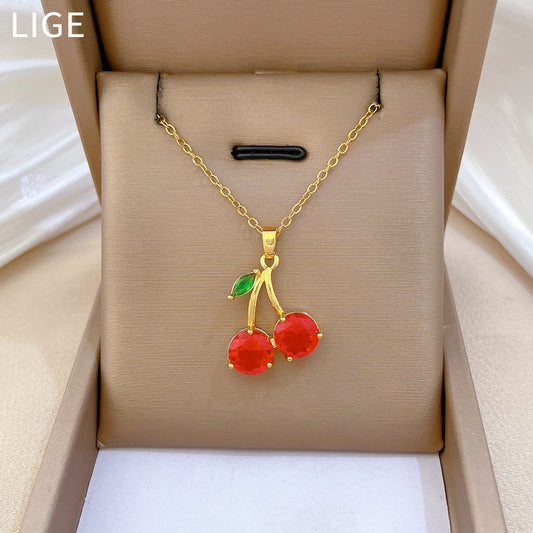 Collar colgante de cereza de dibujos animados para mujer, cadena de acero inoxidable con incrustaciones de diamantes de imitación y estilo fresco y dulce