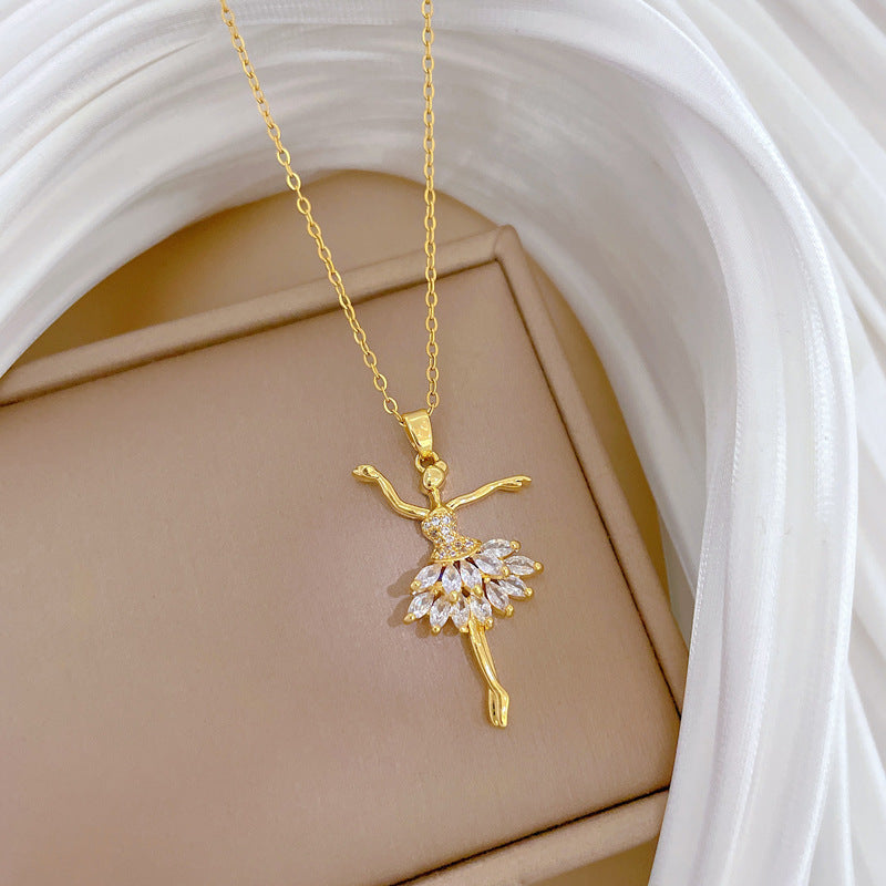 Elegante collana da ballo di danza classica per donna con strass completi su catena in acciaio al titanio, design geometrico, stile medaglione minimalista