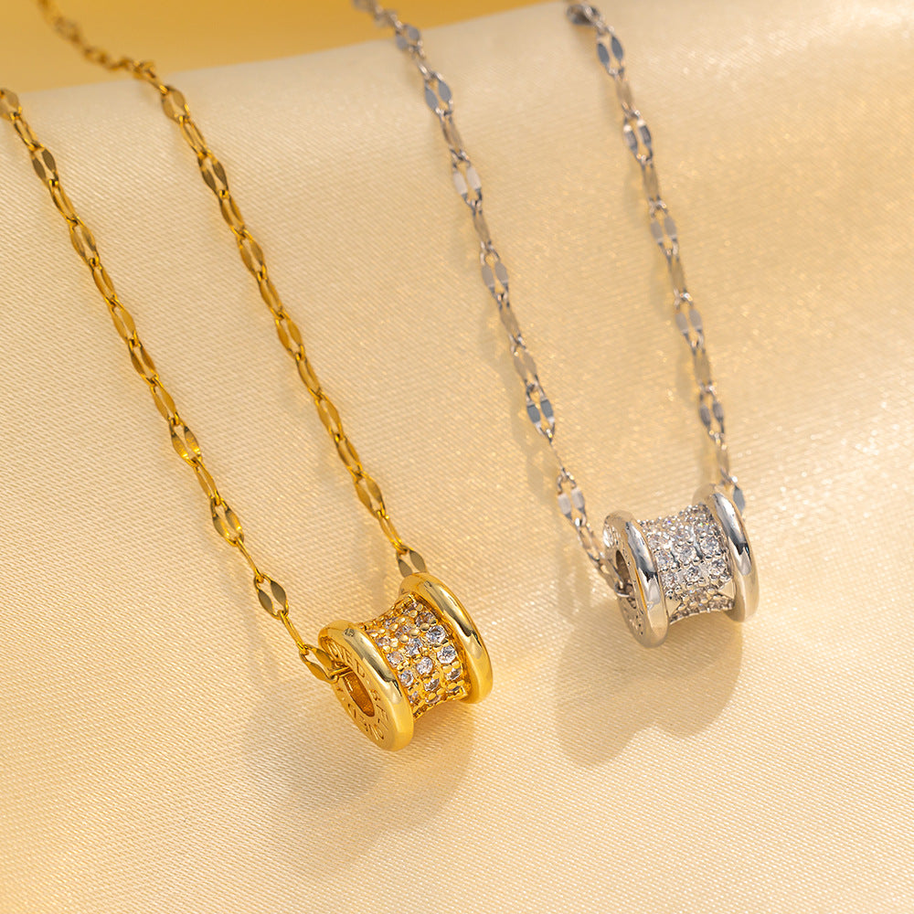 Geometric Titanium Steel Necklace for Women with Gold Plating and Zirconia Accents, Water Wave Chain, Versatile Clavicle Jewelry