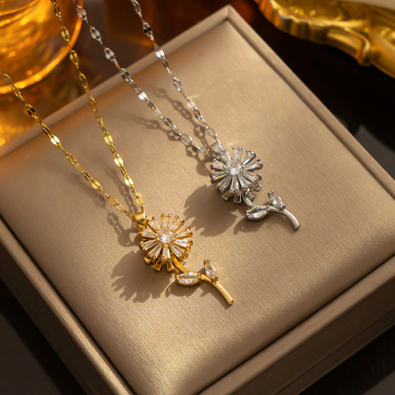 Collana pendente girasole minimalista da donna con catena in acciaio al titanio e intarsio in strass, design geometrico, accessorio di moda leggero