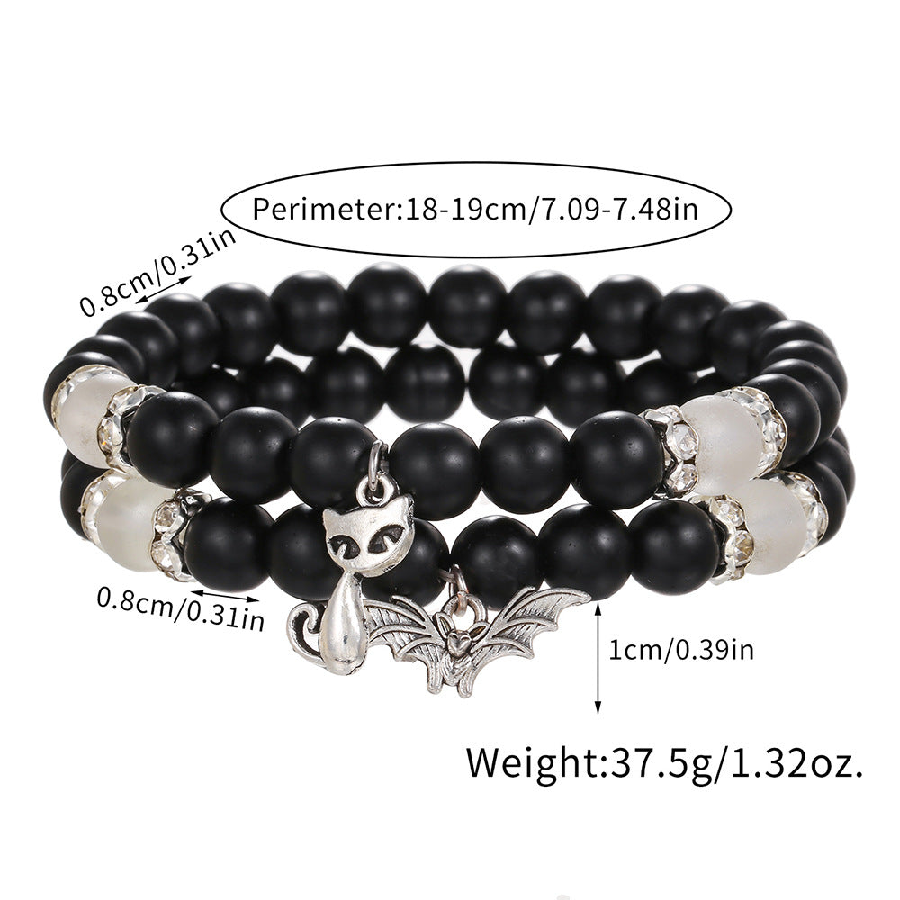 Minimalist Black Matte Geometric Cat and Bat Pendant Beaded Stretch Bracelet