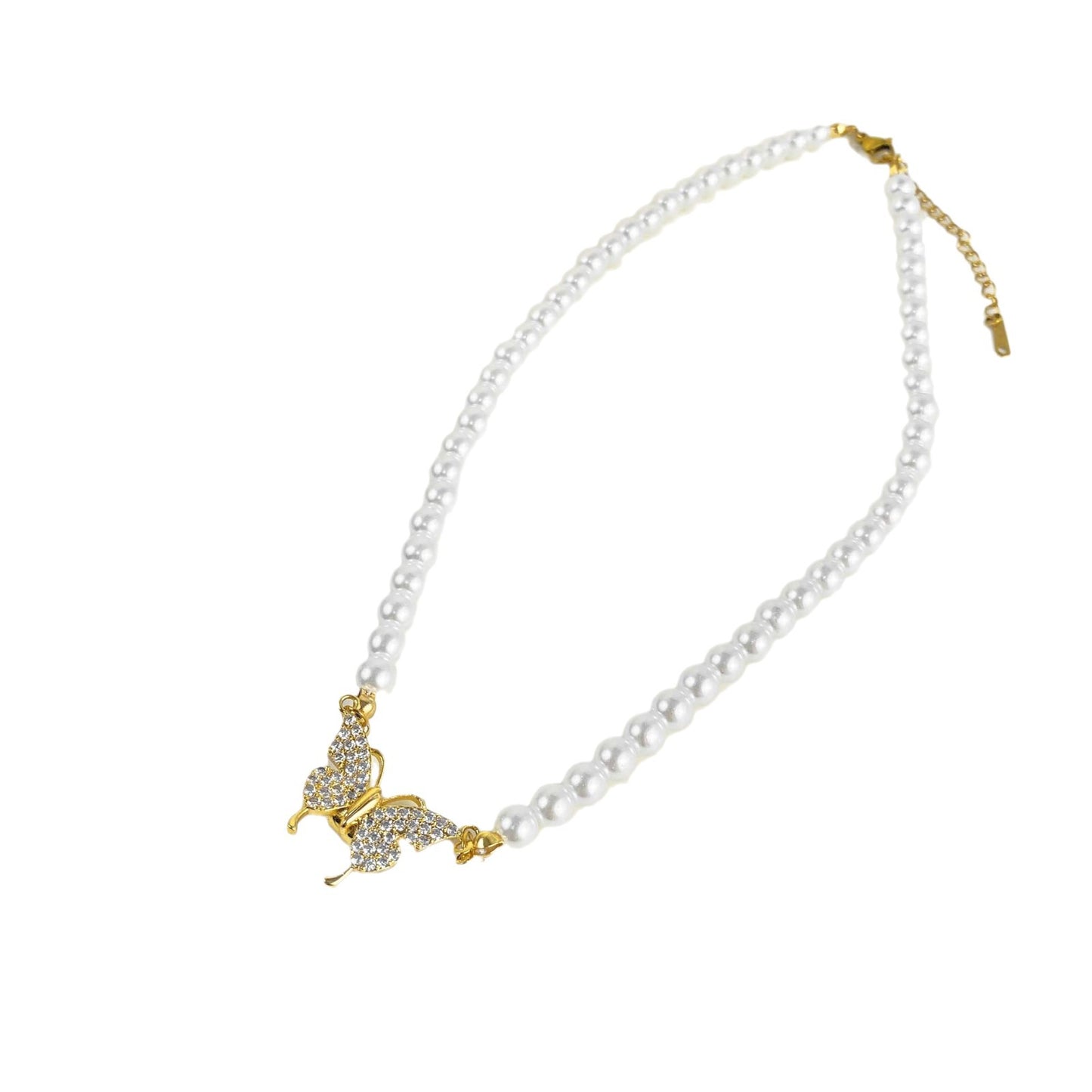Minimalist Butterfly Pendant Necklace in Titanium Steel with 18K Gold Plating and Magnetic Clasp, Pearl-Style Chain