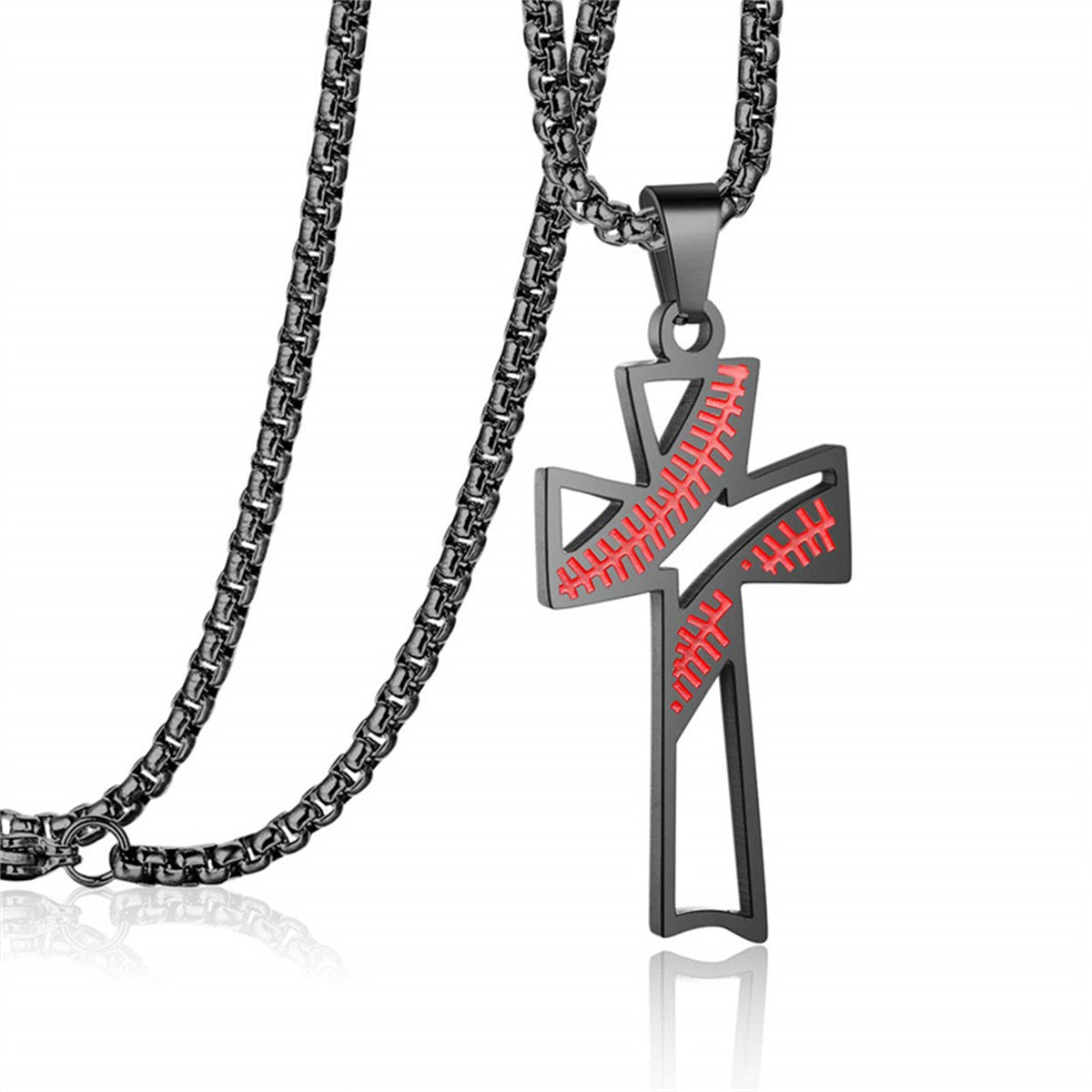 Natural Style Geometric Stainless Steel Pendant Necklace with Titanium Steel Cross Charm and Hollow Baseball Design Adjustable Chain