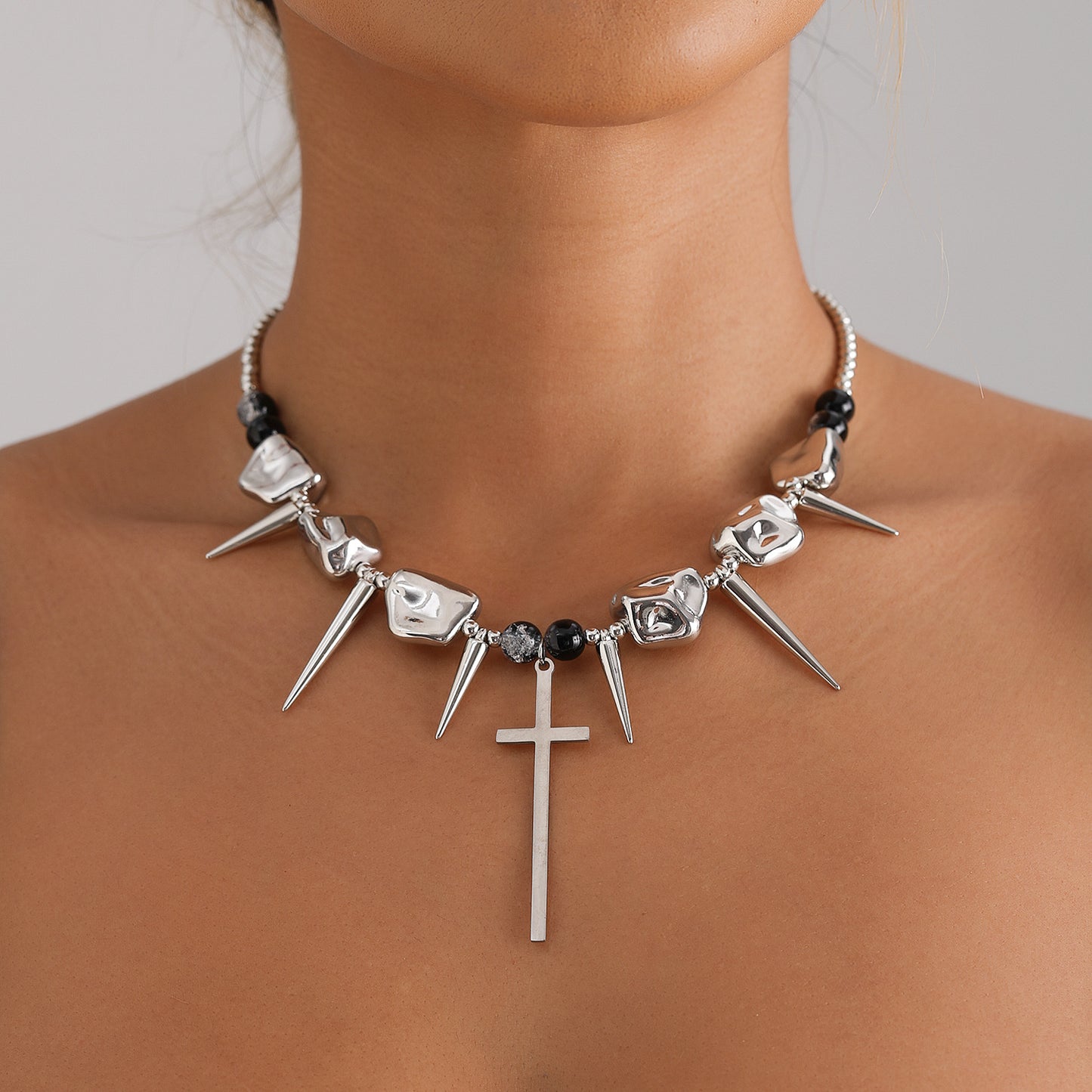 Punk Style Geometric Cross Pendant Necklace for Women with Electroplated Alloy Charm and Resin Base on Clavicle Chain