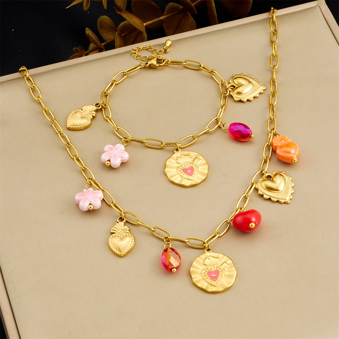 Sweet Gold Plated Drip Oil Round Heart Flower Stainless Steel Necklace and Bracelet Set with Serpentine Chain for Women