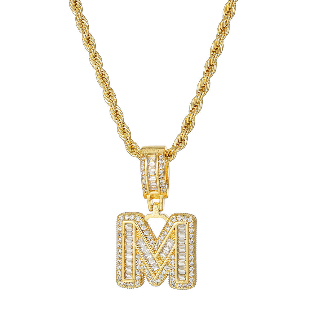 Personalized 18K Gold Plated Brass Cubic Zirconia Letter Pendant Necklace with Stainless Steel Rope Chain