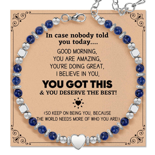 Natural Stone Lapis Lazuli Heart Charm Bar Stainless Steel Adjustable Bracelet Unisex Gift