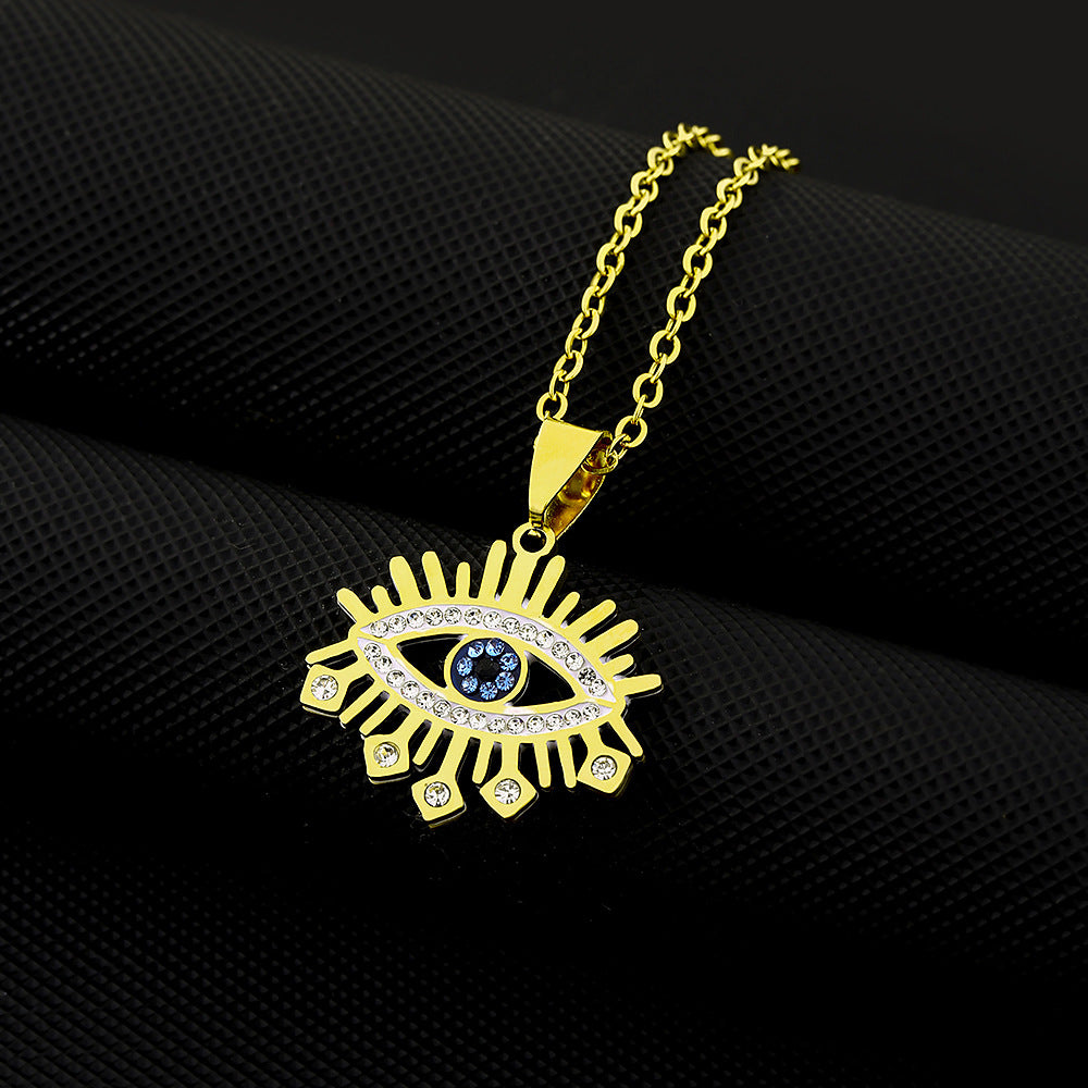 Elegante collar geométrico de ojo turco de acero inoxidable para mujer con colgante de acero de titanio y acabado electrochapado en cadena O