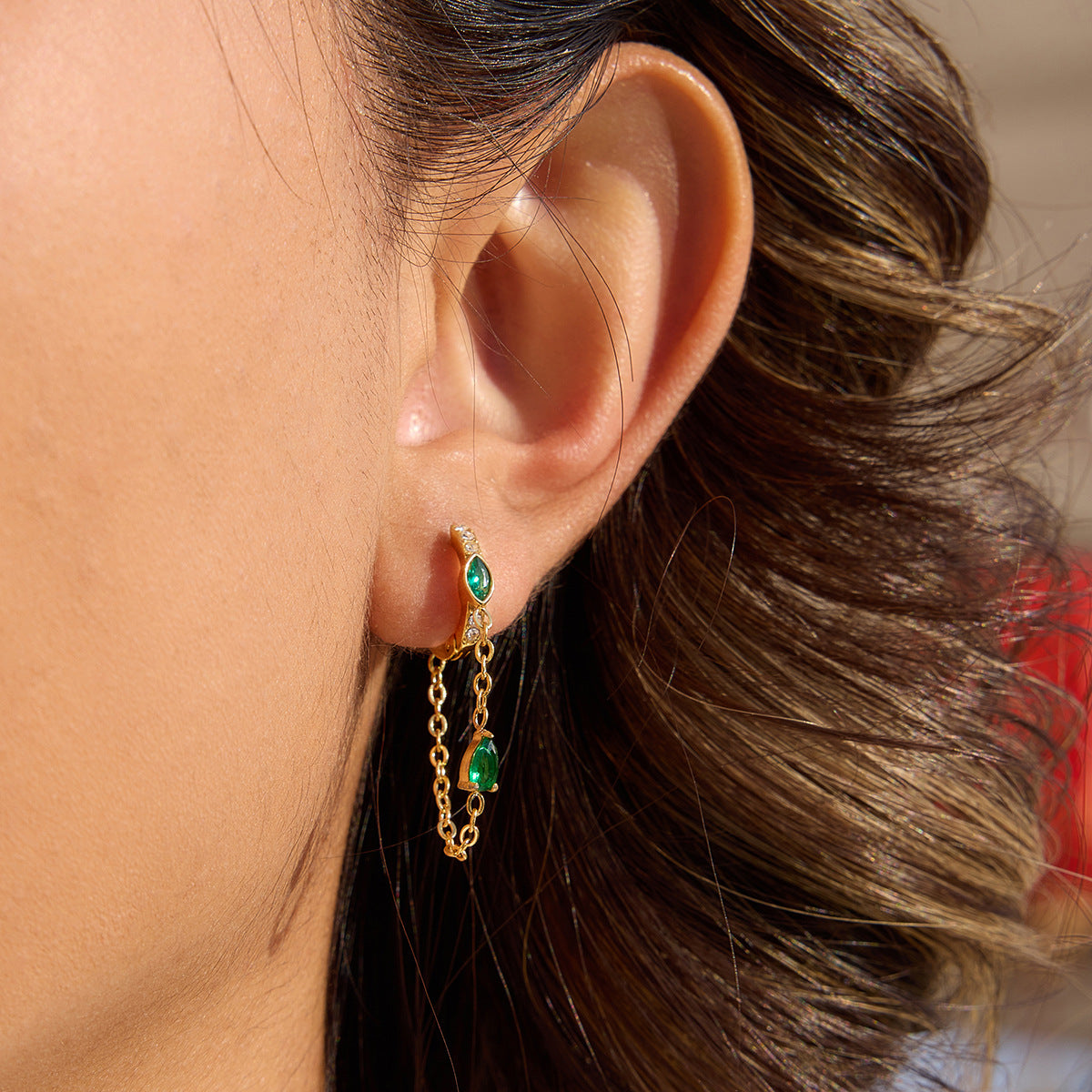 Elegant Green Cubic Zirconia Geometric Square Plated Stainless Steel Tassel Clip-on Earrings for Women