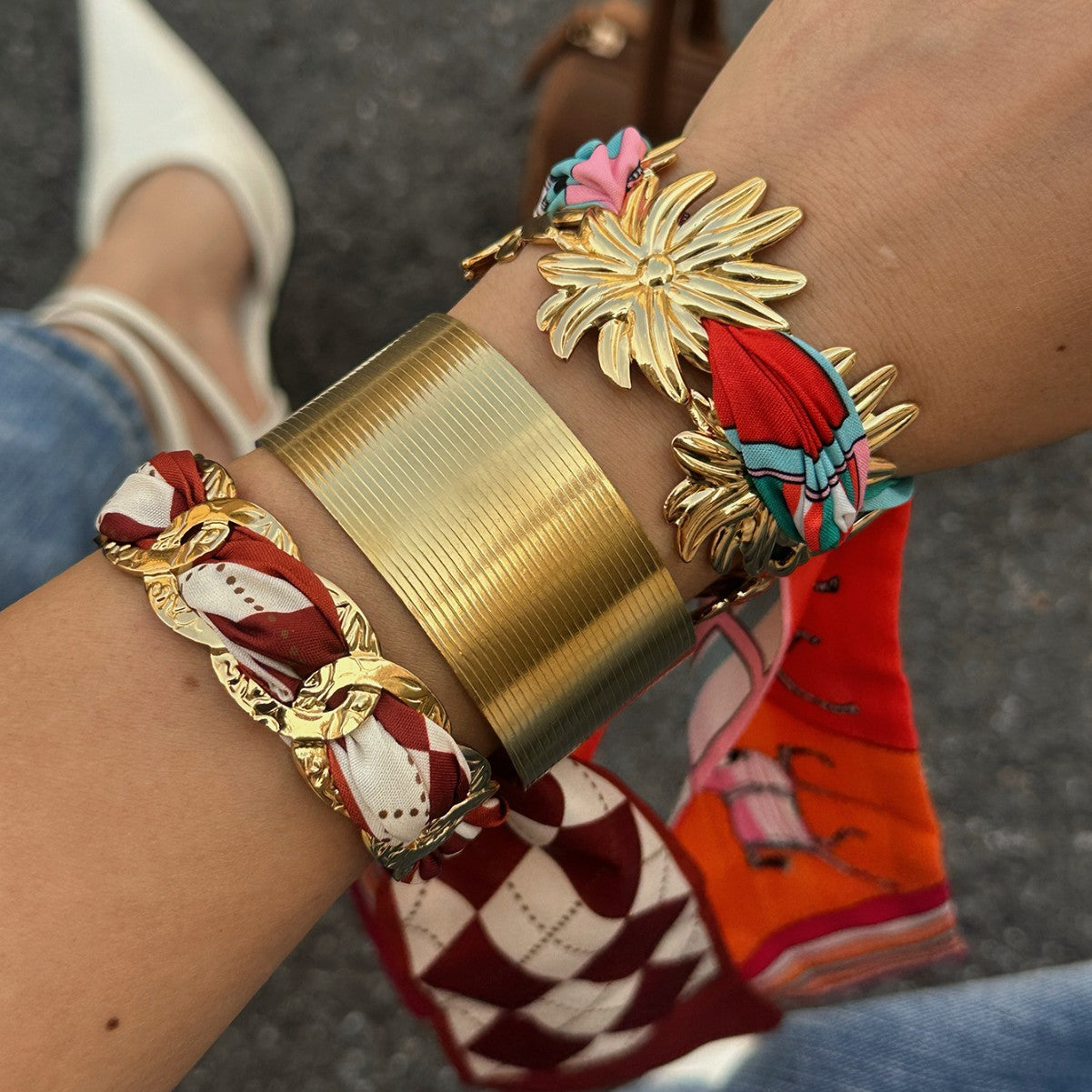 Vintage Round Geometric Floral Plated Stainless Steel Open Cuff Bracelet