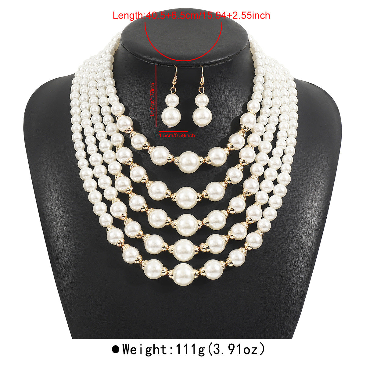 Elegante conjunto de collar de perlas de varias capas y pendientes en aleación con colgantes de nácar para mujer