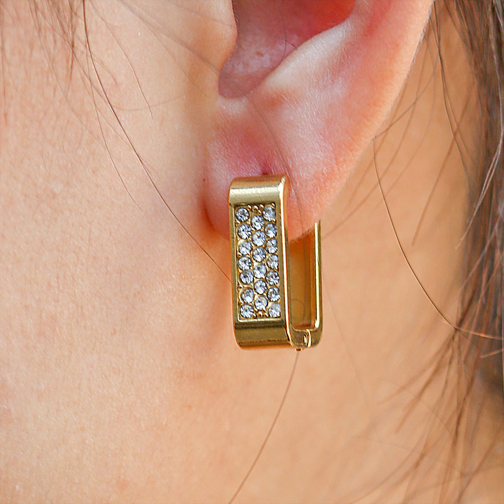 Minimalist U-Shaped Stainless Steel Rhinestone Earrings with 18K Gold Plating for Women