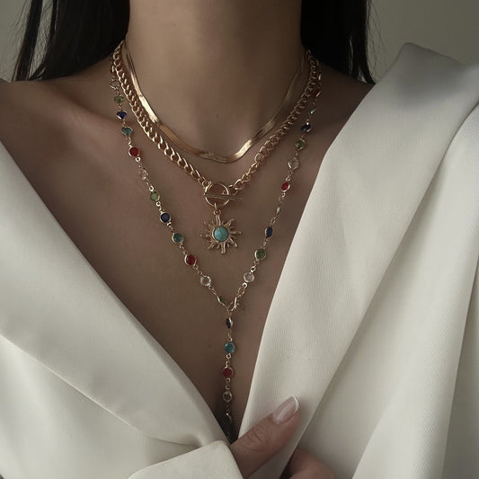 Dulce aleación geométrica cristal girasol borla collar multicapa para mujer