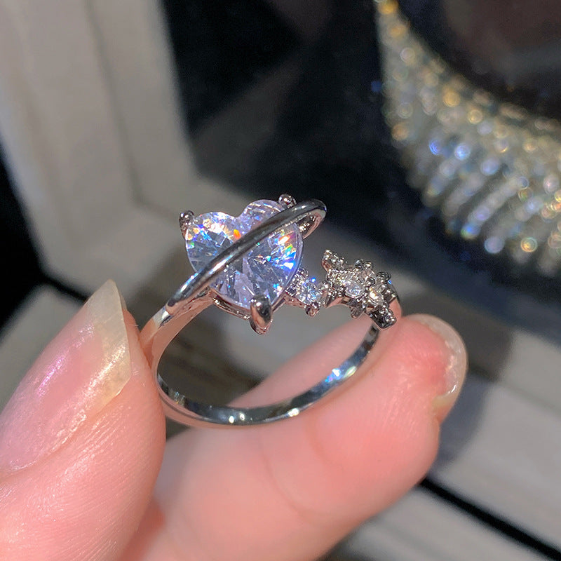 Sweet Elegant Heart Butterfly Brass Ring with Cubic Zirconia Handmade Adjustable
