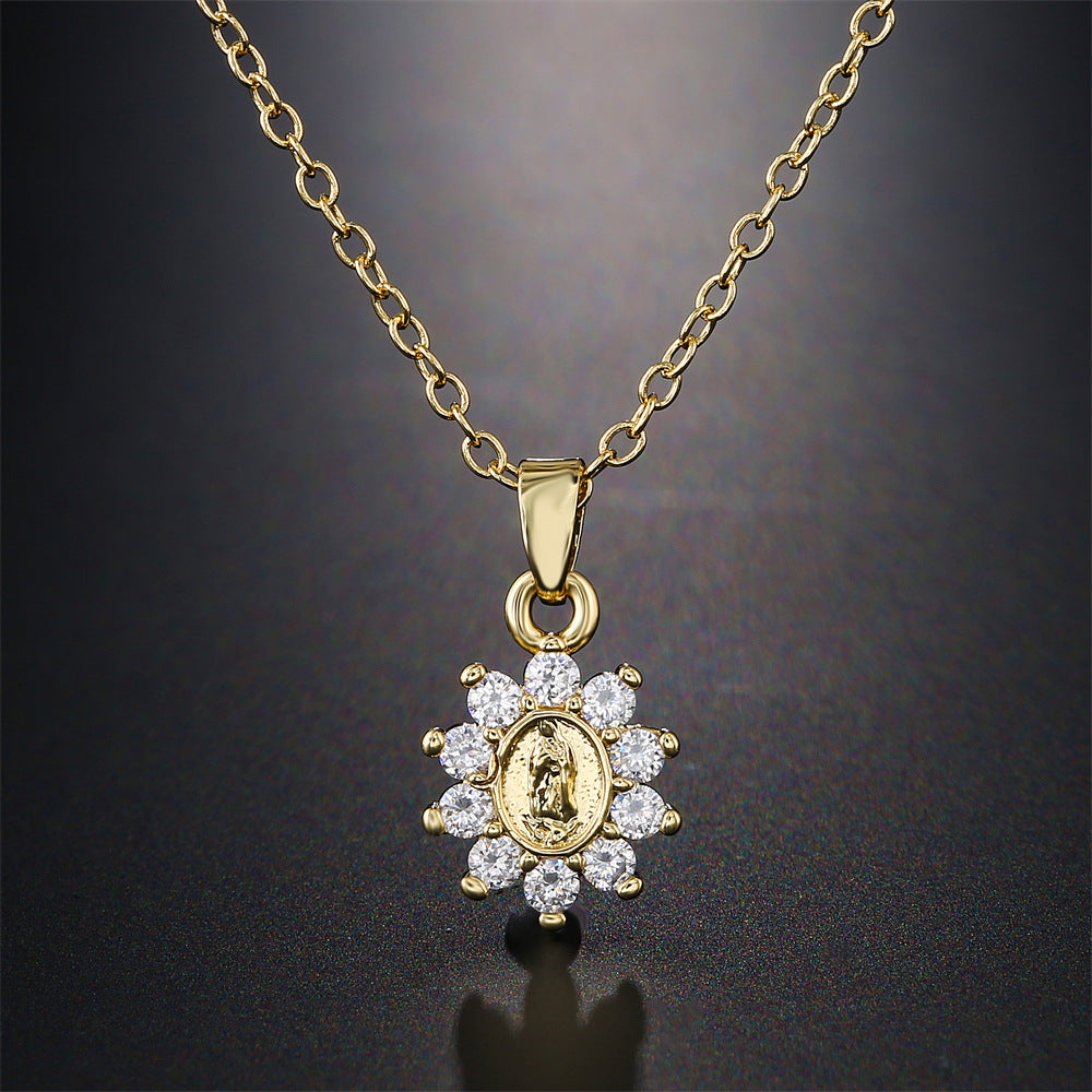 Religious Geometric Brass Micro-Inlaid Cubic Zirconia Virgin Mary Pendant Necklace with Cable Chain