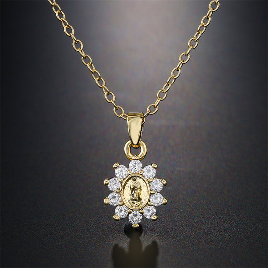 Religious Geometric Brass Micro-Inlaid Cubic Zirconia Virgin Mary Pendant Necklace with Cable Chain