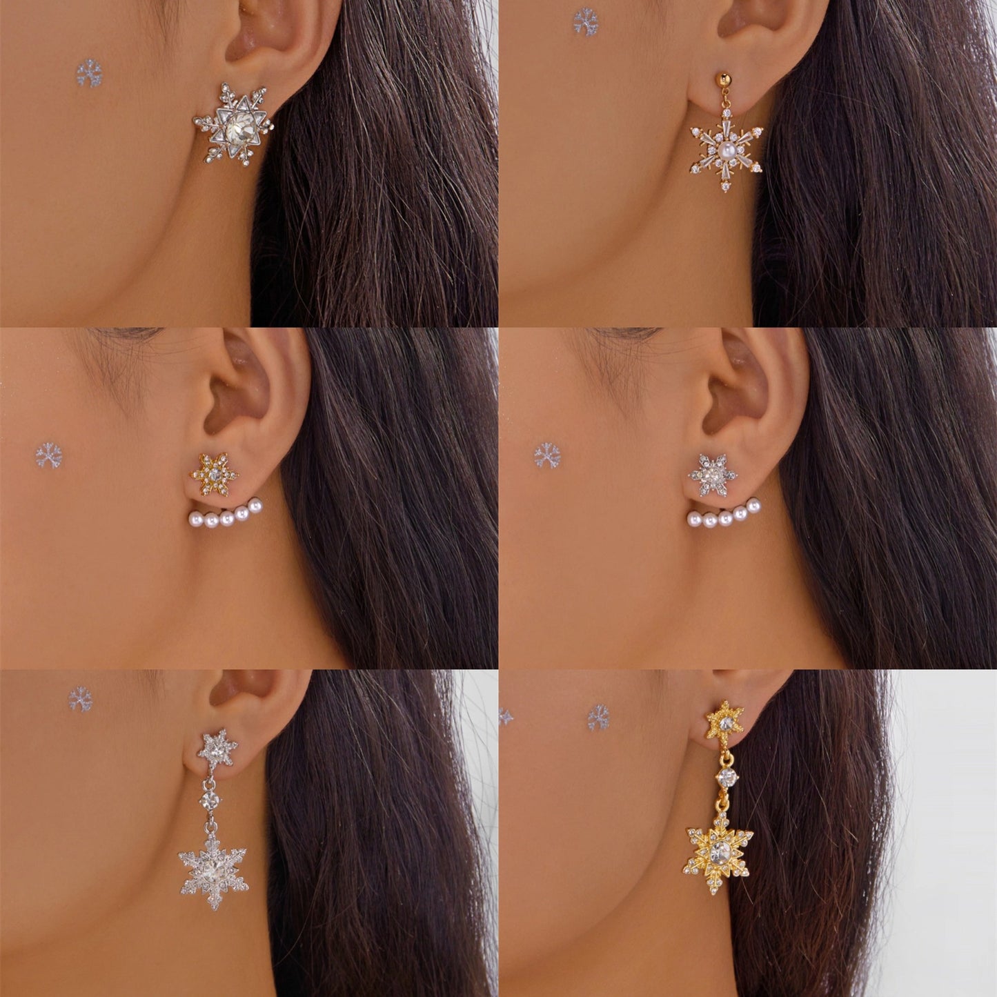 Pendientes Colgantes Copo de Nieve Estilo Cuento de Hadas con Detalles de Zirconia, Diseño Colgante, Base de Aleación de Zinc Galvanizada, Postes de Cerámica, Estética Fresca y Dulce