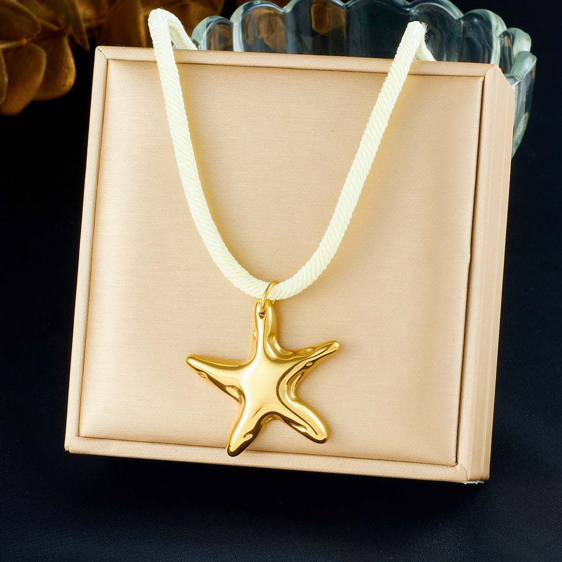 Milky White Textured Rope Chain Starfish Pendant Gold Plated Stainless Steel Necklace