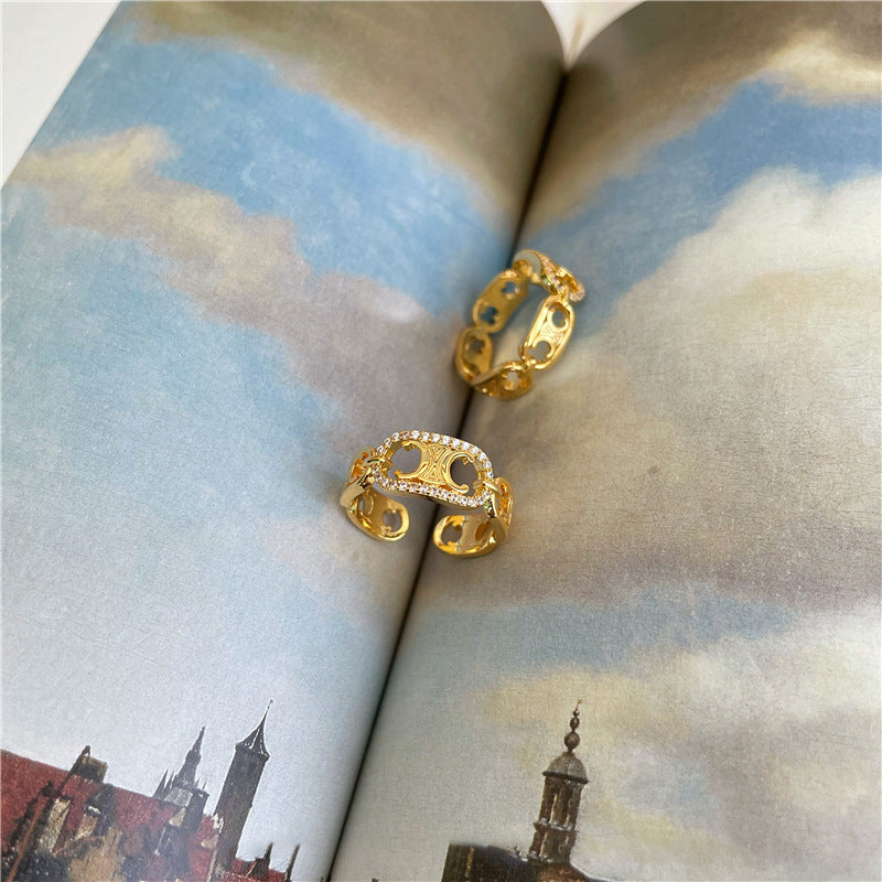 Minimalist Adjustable Hollow-Out Letter-Shape Ring for Women Made of Brass with Plating Finish