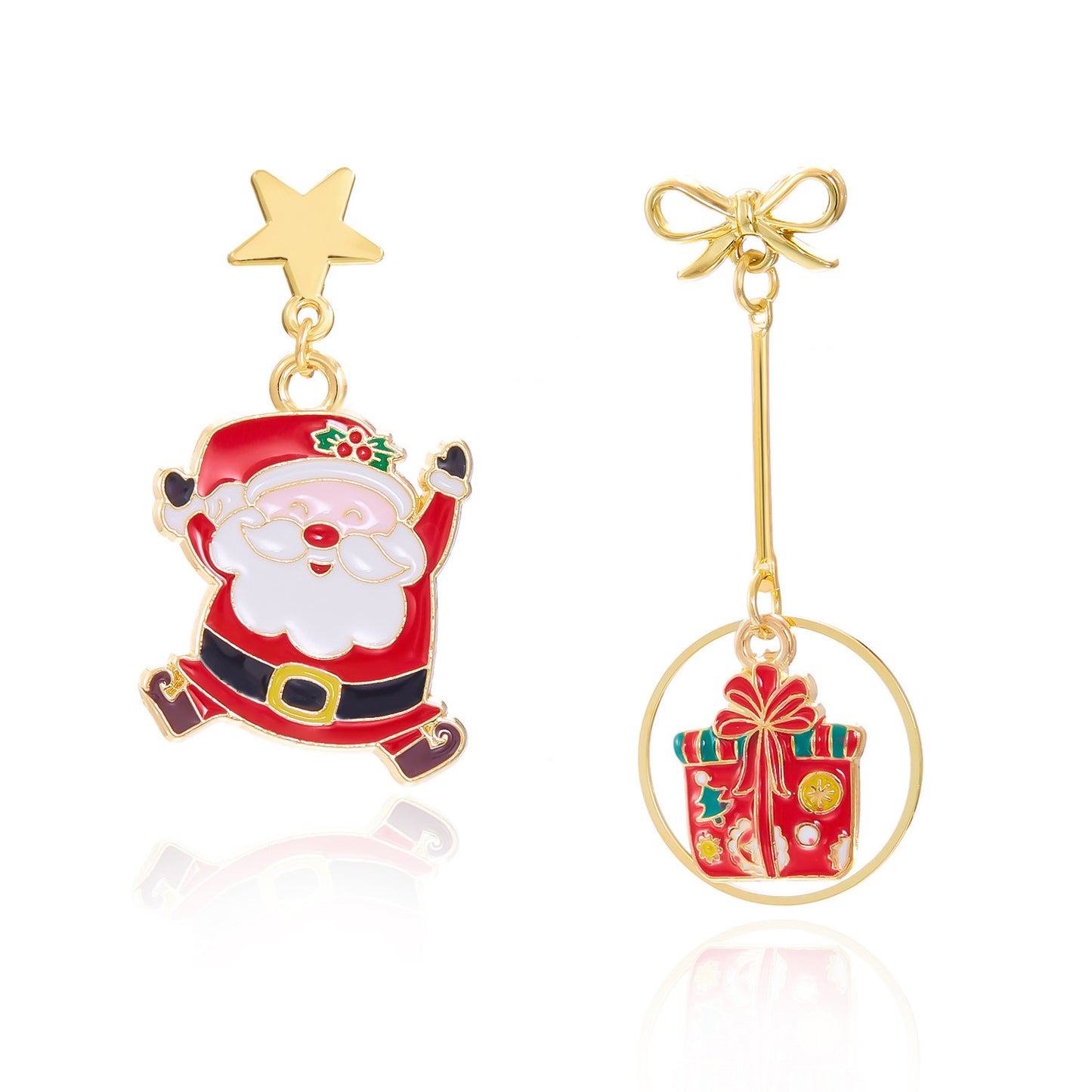 Orecchini Pendenti Asimmetrici a Stella e Babbo Natale con Finitura Smaltata in Lega per Donna