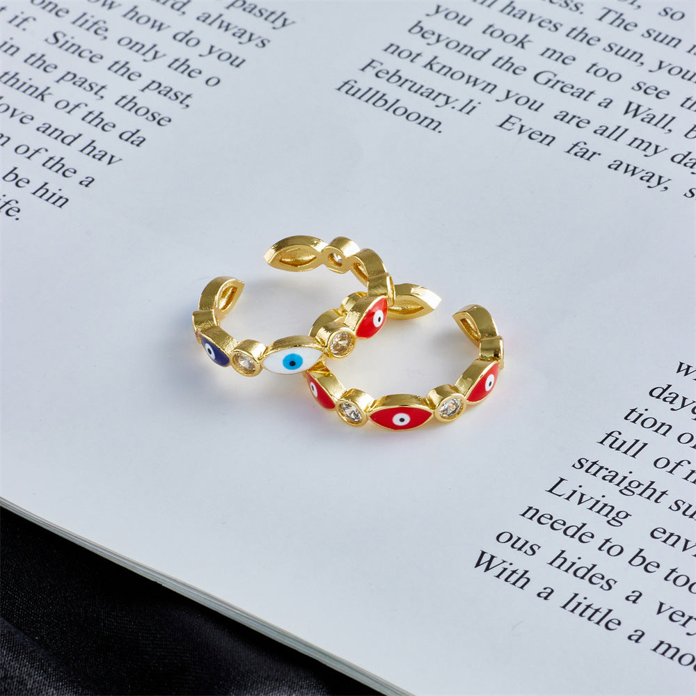 Anello Aperto con Occhio di Allah Geometrico Casual da Donna con Base in Rame Placcata in Oro 18 carati e Zirconia Micro-Incastonata con Finitura Smaltata