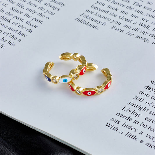 Anello Aperto con Occhio di Allah Geometrico Casual da Donna con Base in Rame Placcata in Oro 18 carati e Zirconia Micro-Incastonata con Finitura Smaltata