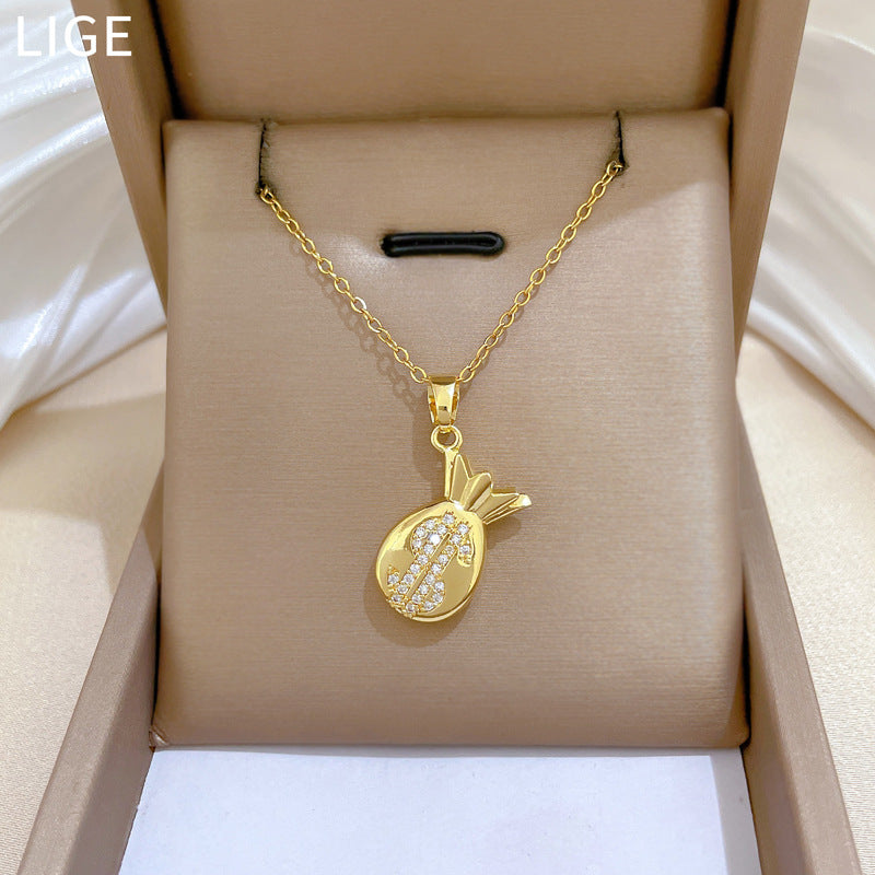 Minimalist Sweet Geometric Moon Rhinestone Money Bag Pendant Titanium Steel Necklace for Unisex
